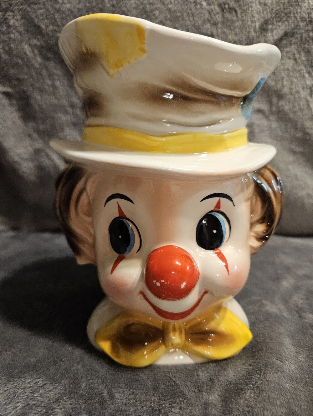 Vintage Relpo Ceramic Clown Head Planter with Yellow Hat and Bow